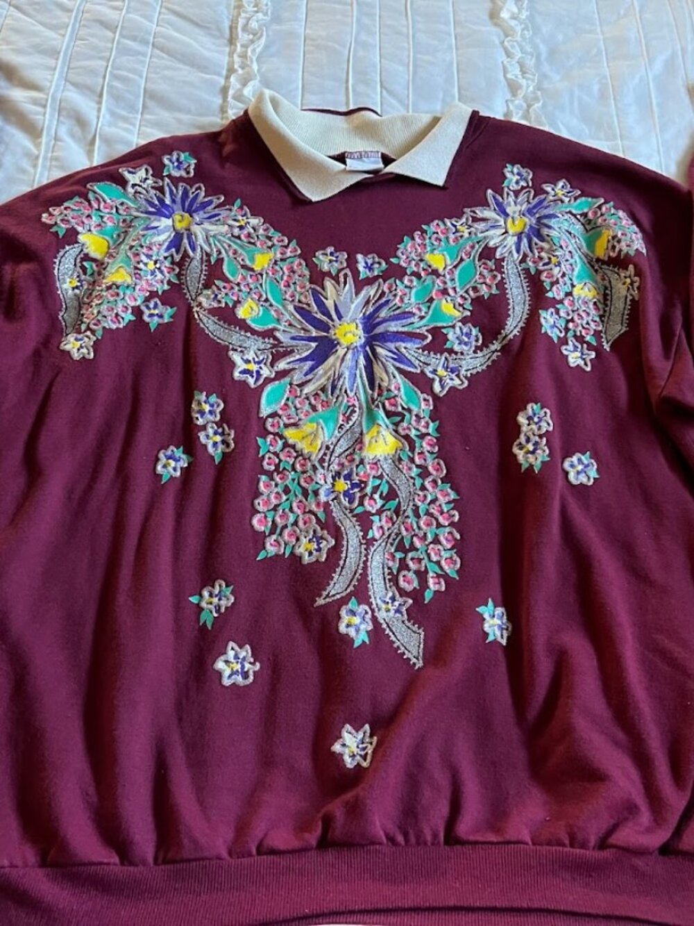 Vintage Act III Floral Glitter Puff Paint Double Neck Sweatshirt Large Grandma